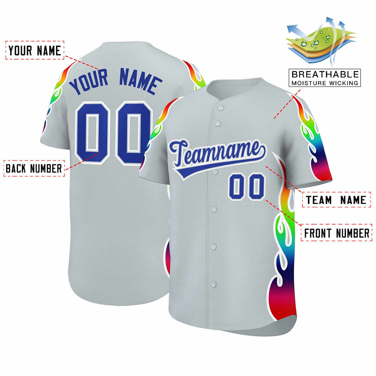 Custom Silver Graffiti Pattern Personalized Multicolored Flames Print Authentic Baseball Jersey Limited