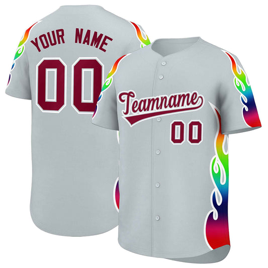 Custom Silver Graffiti Pattern Personalized Multicolored Flames Print Authentic Baseball Jersey