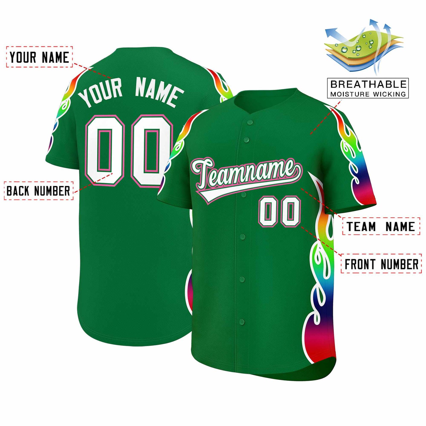 Custom Kelly Green Graffiti Pattern Personalized Multicolored Flames Print Authentic Baseball Jersey Limited
