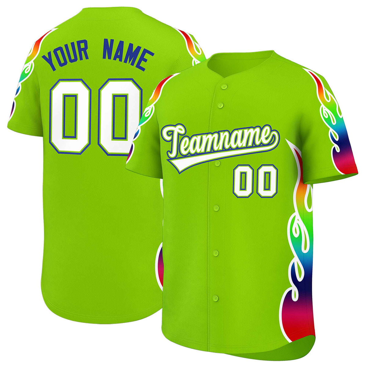 Custom Neon Green Graffiti Pattern Personalized Multicolored Flames Print Authentic Baseball Jersey