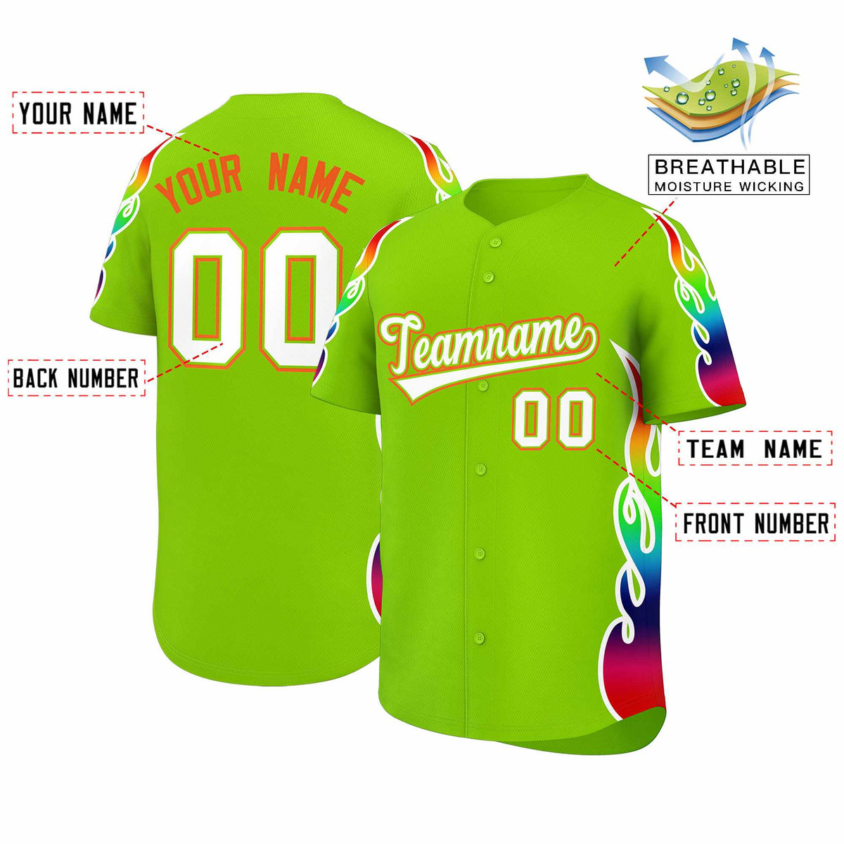 Custom Neon Green Graffiti Pattern Personalized Multicolored Flames Print Authentic Baseball Jersey Limited