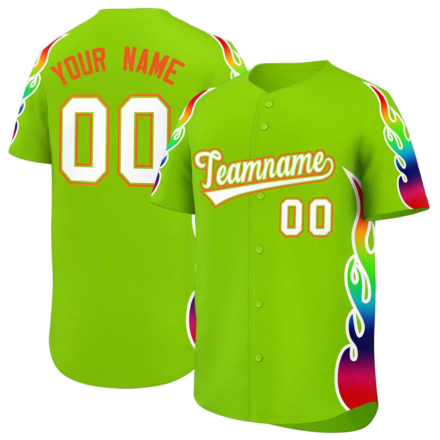 Custom Neon Green Graffiti Pattern Personalized Multicolored Flames Print Authentic Baseball Jersey