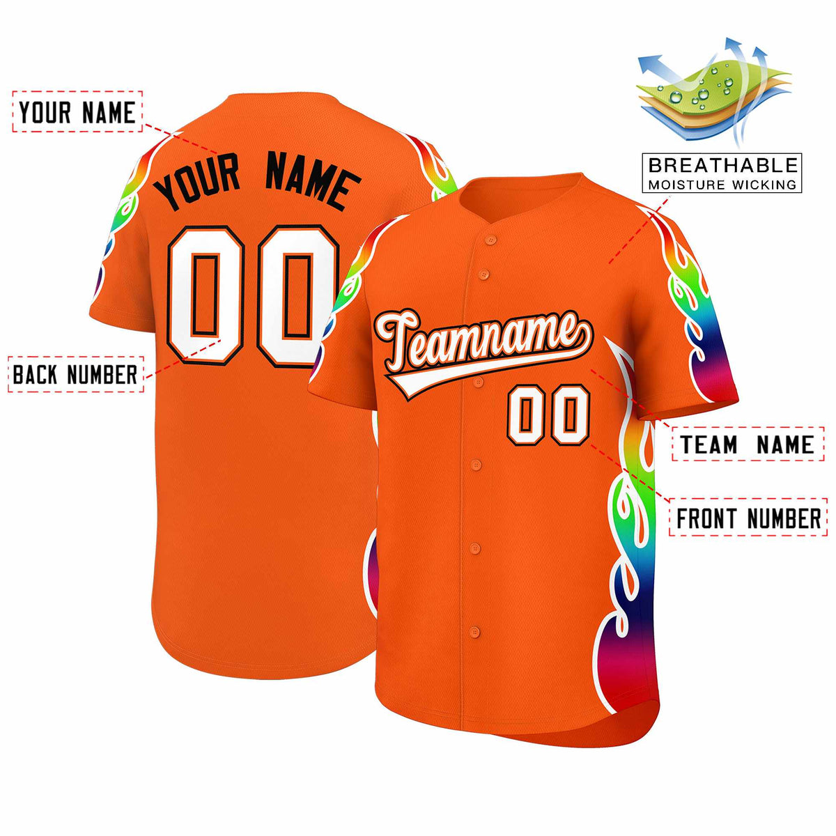 Custom Orange Graffiti Pattern Personalized Multicolored Flames Print Authentic Baseball Jersey Limited