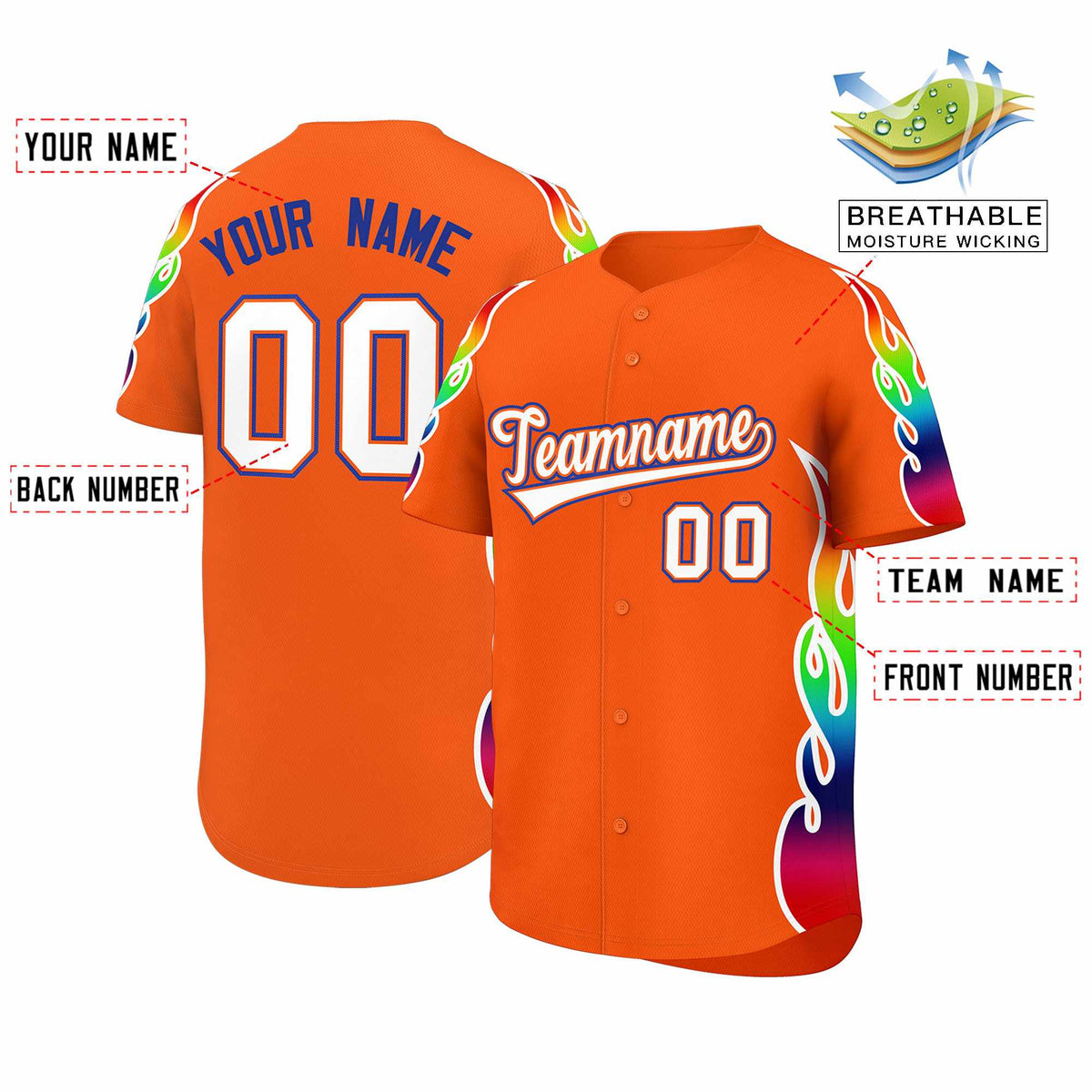 Custom Orange Graffiti Pattern Personalized Multicolored Flames Print Authentic Baseball Jersey Limited