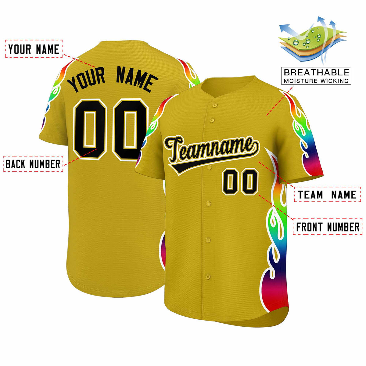 Custom Old Gold Graffiti Pattern Personalized Multicolored Flames Print Authentic Baseball Jersey Limited
