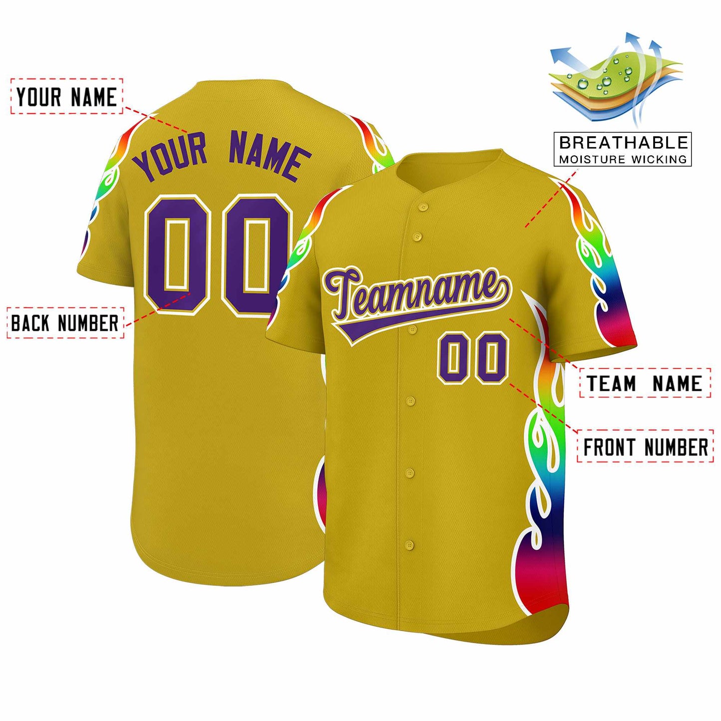 Custom Old Gold Graffiti Pattern Personalized Multicolored Flames Print Authentic Baseball Jersey Limited