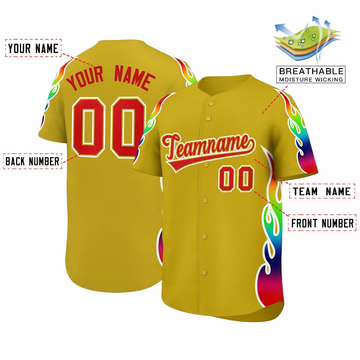 Custom Old Gold Graffiti Pattern Personalized Multicolored Flames Print Authentic Baseball Jersey Limited