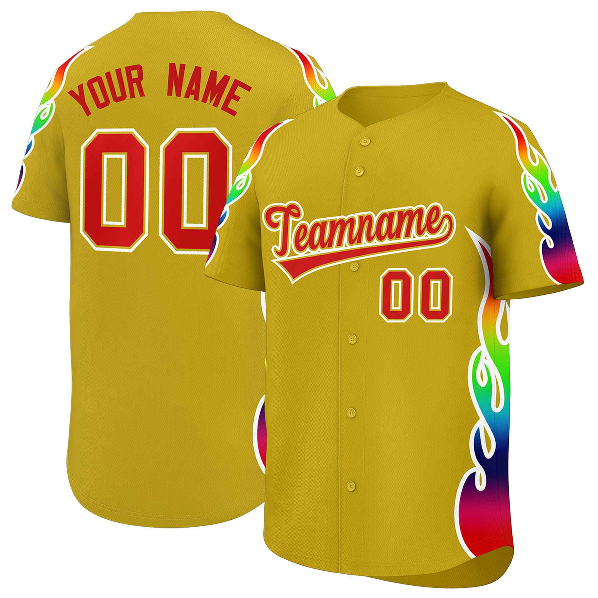 Custom Old Gold Graffiti Pattern Personalized Multicolored Flames Print Authentic Baseball Jersey