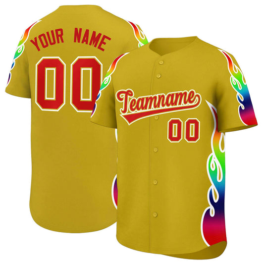 Custom Old Gold Graffiti Pattern Personalized Multicolored Flames Print Authentic Baseball Jersey