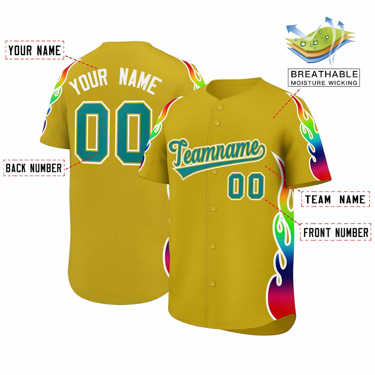 Custom Old Gold Graffiti Pattern Personalized Multicolored Flames Print Authentic Baseball Jersey Limited