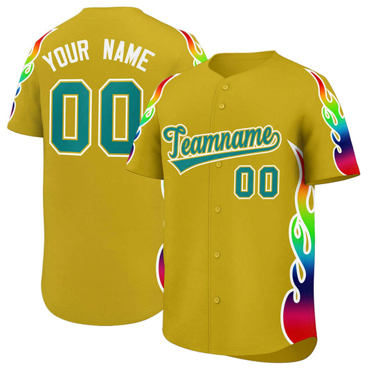 Custom Old Gold Graffiti Pattern Personalized Multicolored Flames Print Authentic Baseball Jersey