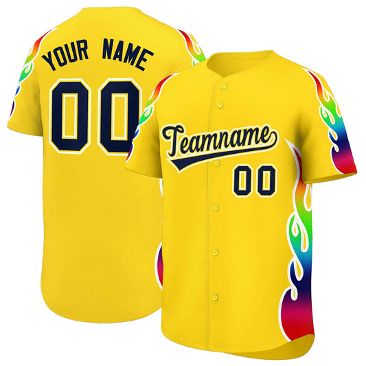 Custom Gold Graffiti Pattern Personalized Multicolored Flames Print Authentic Baseball Jersey