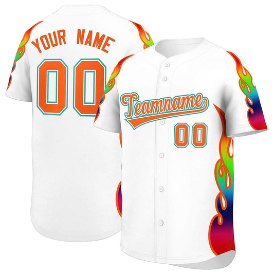 Custom White Graffiti Pattern Personalized Multicolored Flames Print Authentic Baseball Jersey