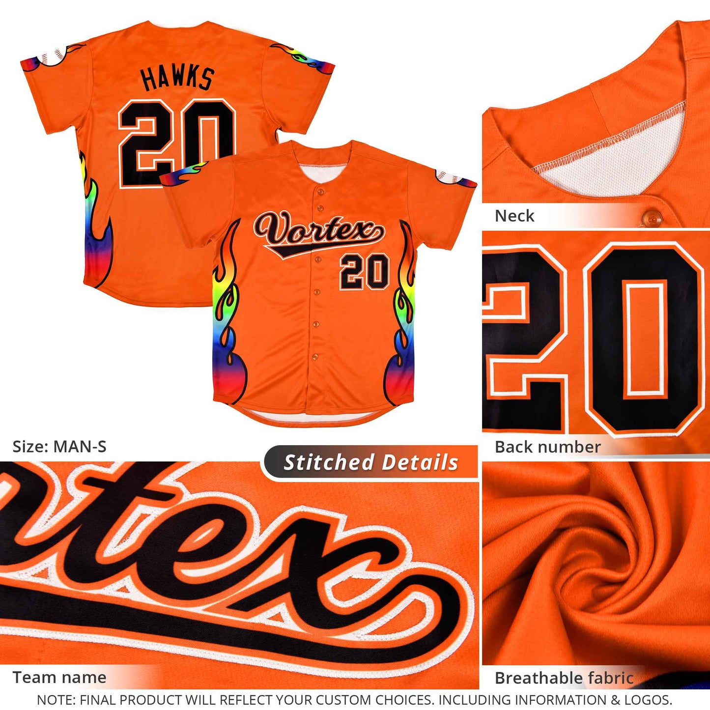 Custom Orange Graffiti Pattern Personalized Multicolored Flames Print Authentic Baseball Jersey Limited