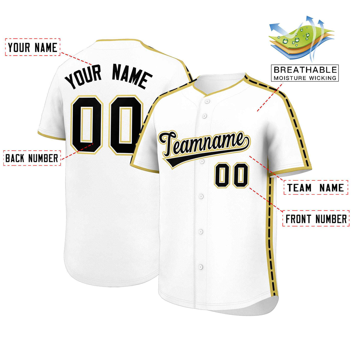 Custom White Old Gold Color Block Personalized Side Dotted Line Authentic Baseball Jersey Limited