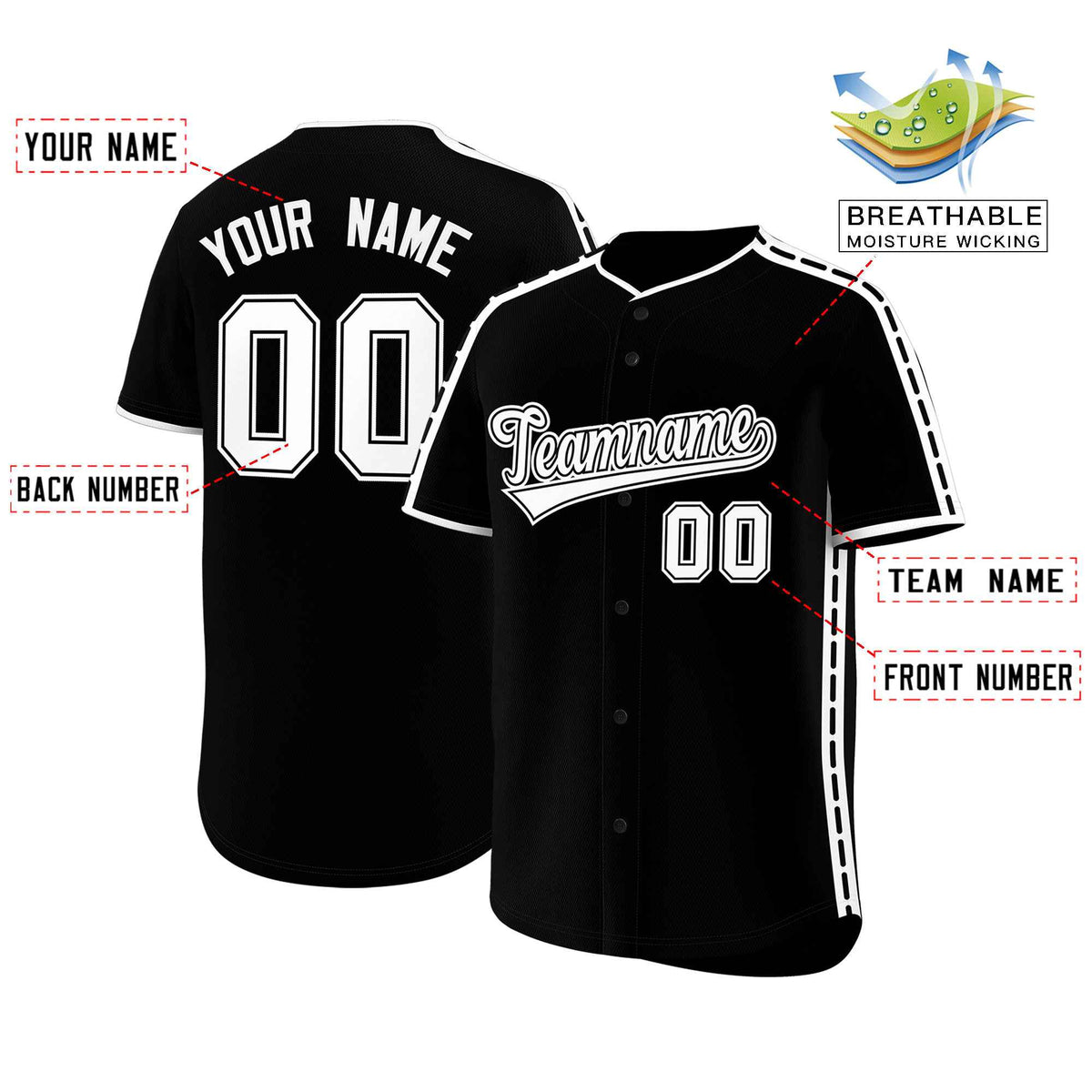 Custom Black White Color Block Personalized Side Dotted Line Authentic Baseball Jersey Limited