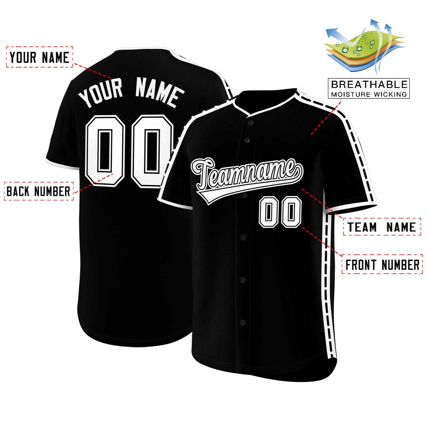 Custom Black White Color Block Personalized Side Dotted Line Authentic Baseball Jersey Limited