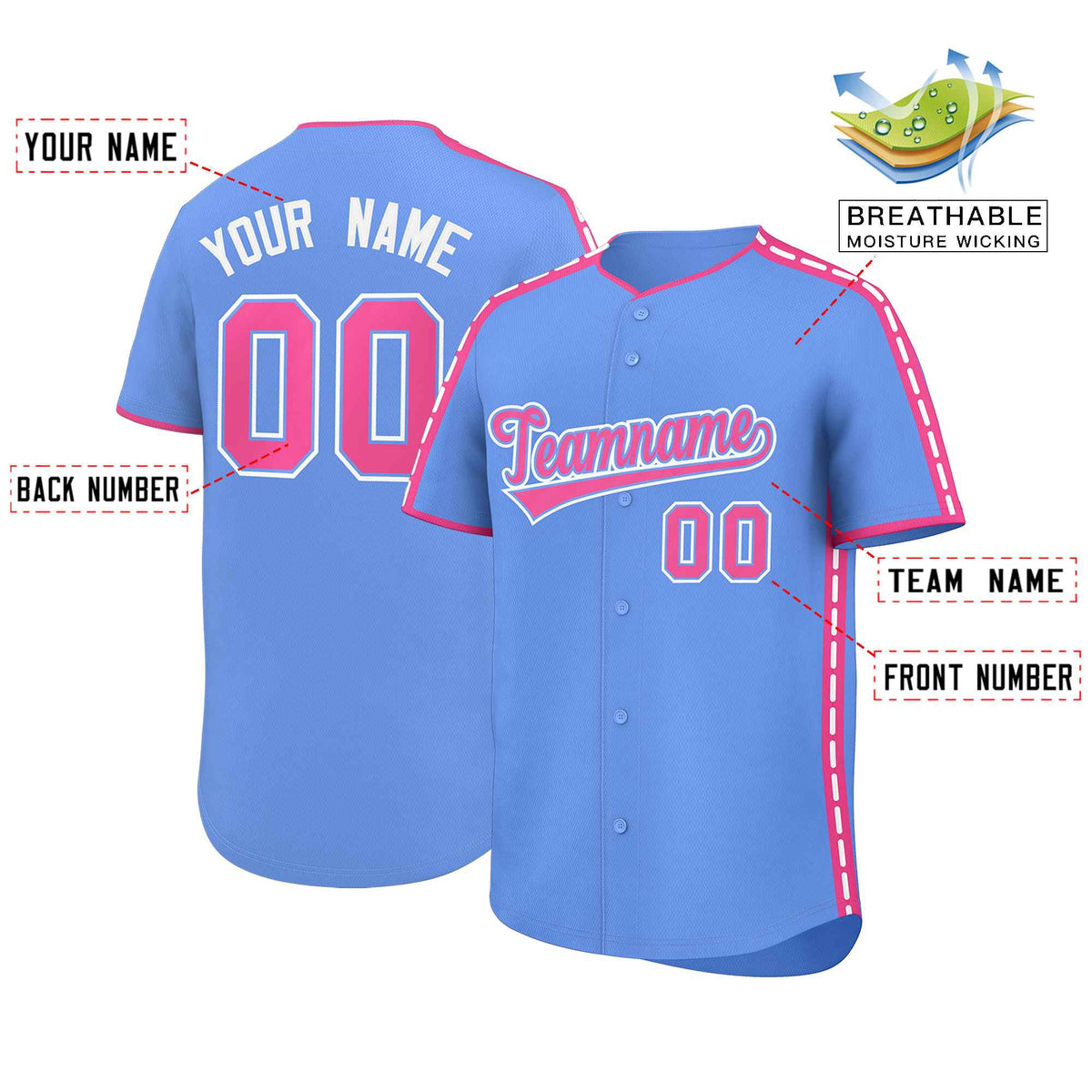 Custom Light Blue Pink Color Block Personalized Side Dotted Line Authentic Baseball Jersey Limited