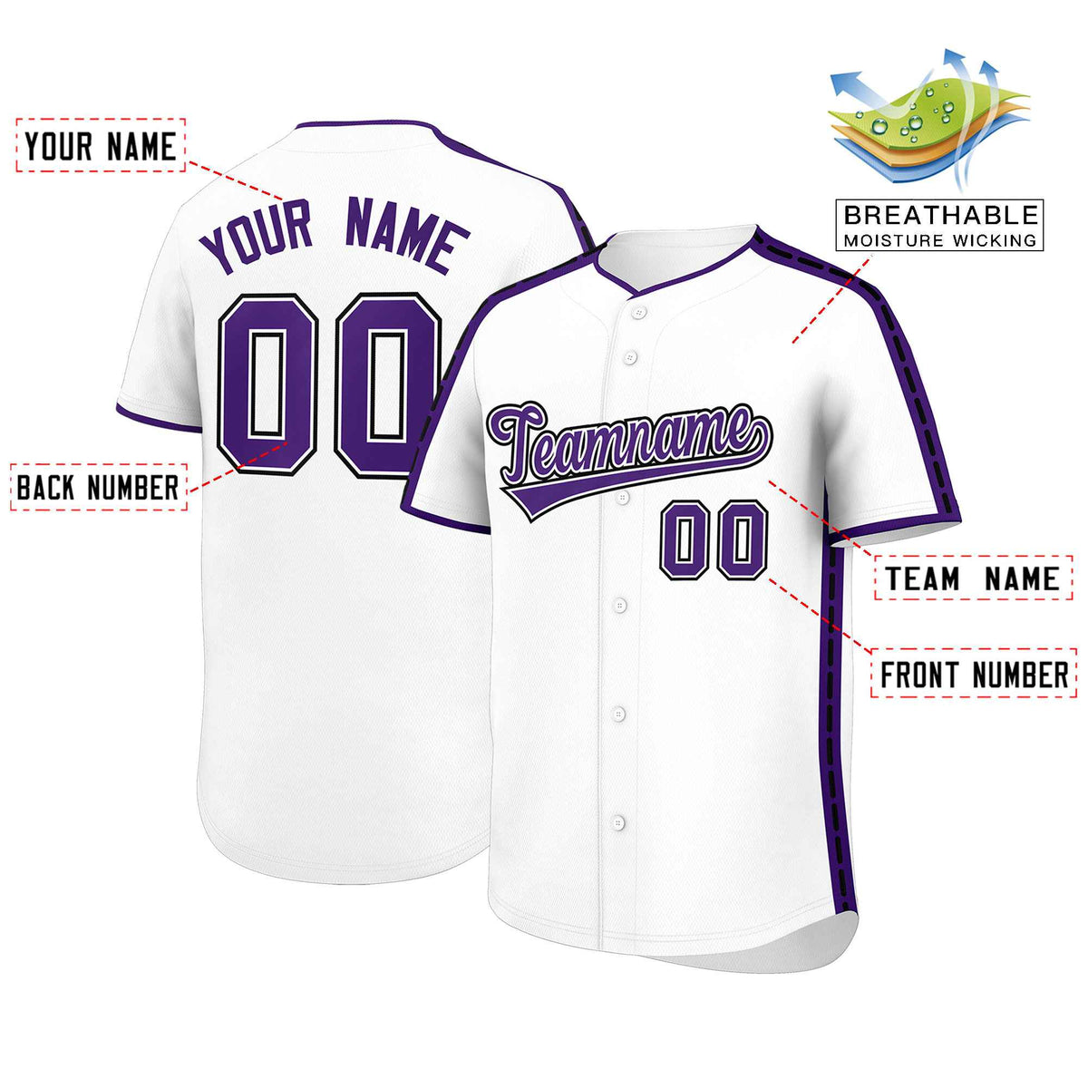 Custom White Purple Color Block Personalized Side Dotted Line Authentic Baseball Jersey Limited