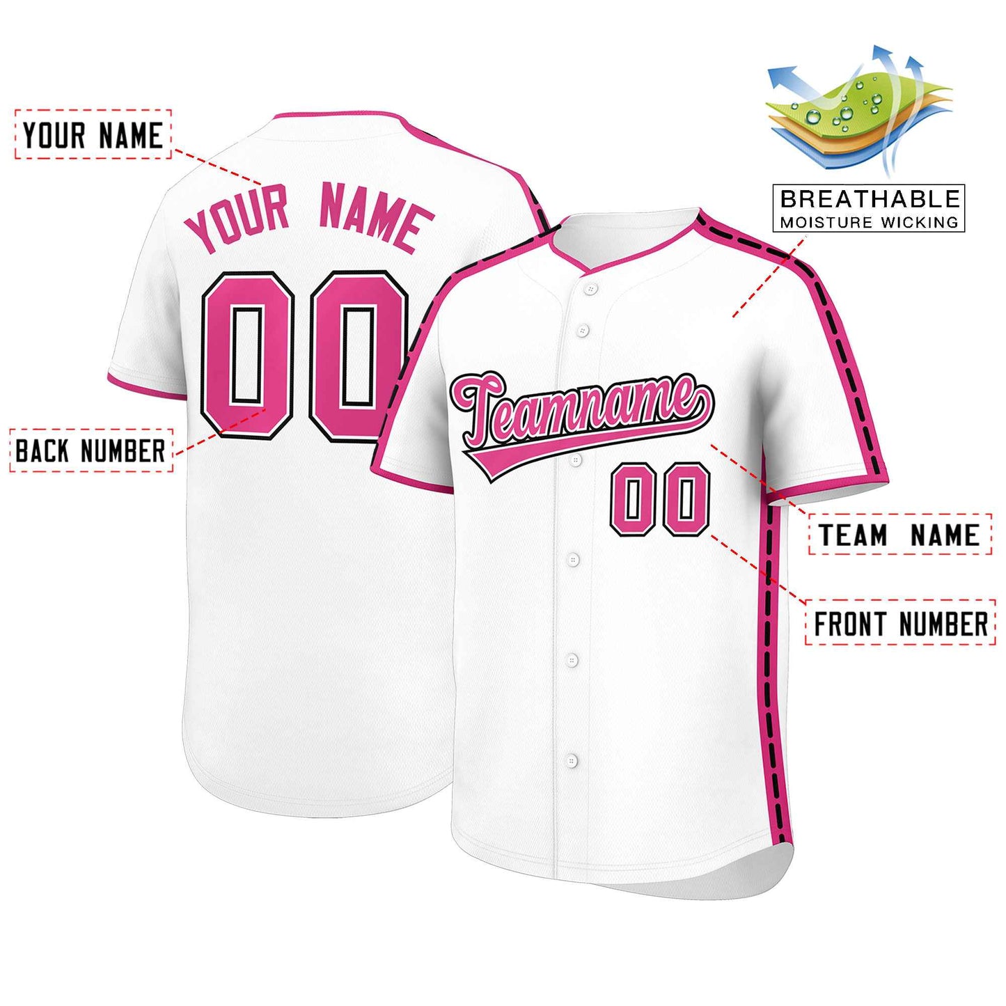 Custom White Pink Color Block Personalized Side Dotted Line Authentic Baseball Jersey Limited