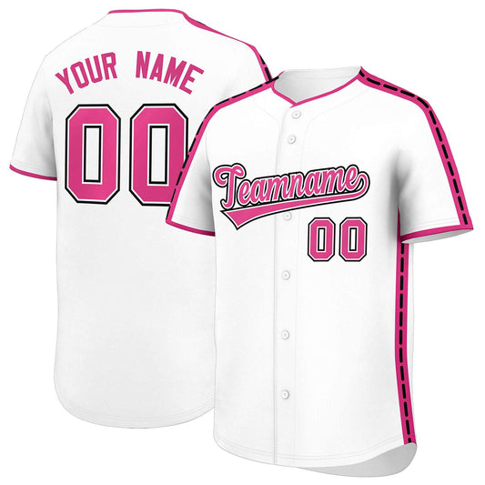 Custom White Pink Color Block Personalized Side Dotted Line Authentic Baseball Jersey