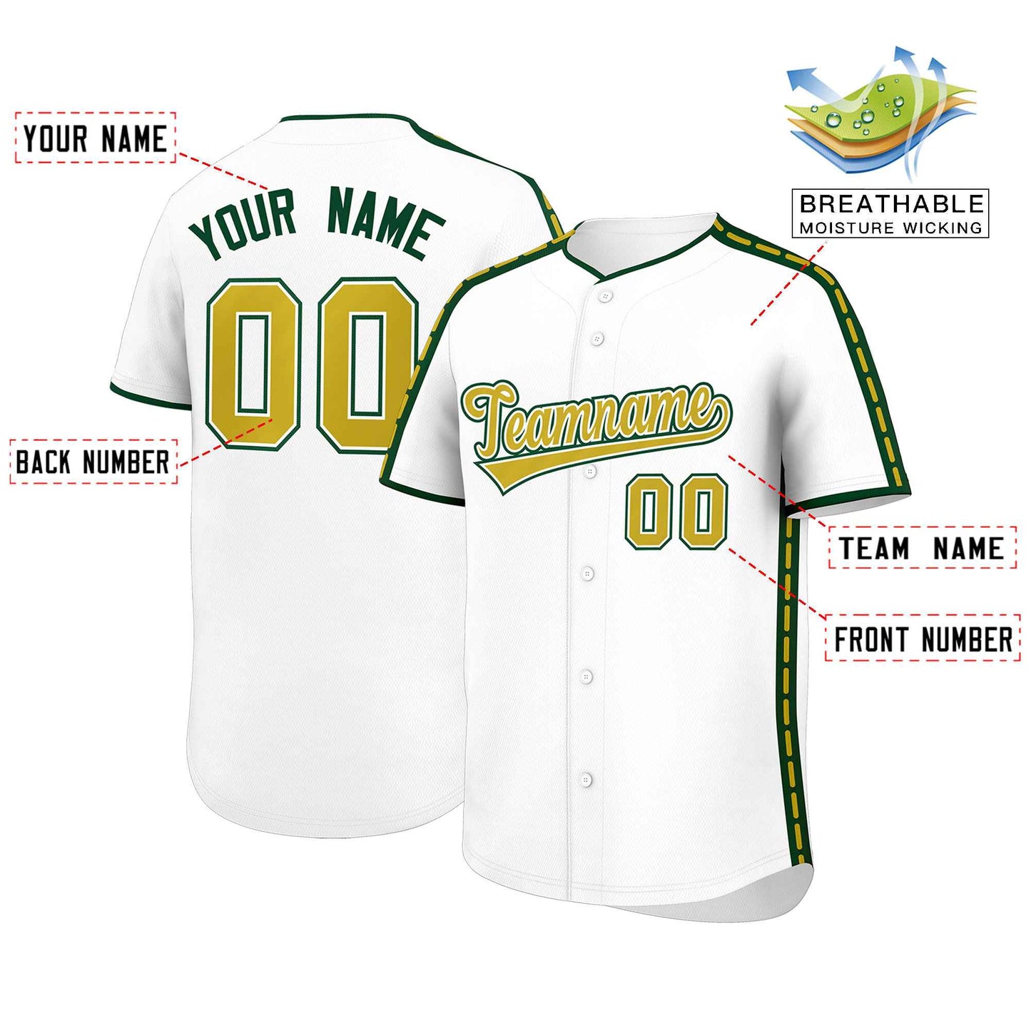 Custom White Green Color Block Personalized Side Dotted Line Authentic Baseball Jersey Limited