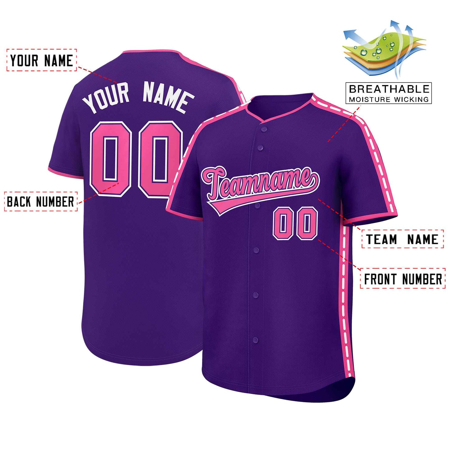 Custom Purple Pink Color Block Personalized Side Dotted Line Authentic Baseball Jersey Limited