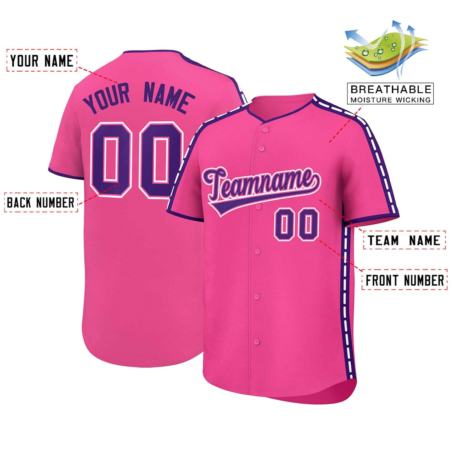Custom Pink Purple Color Block Personalized Side Dotted Line Authentic Baseball Jersey Limited
