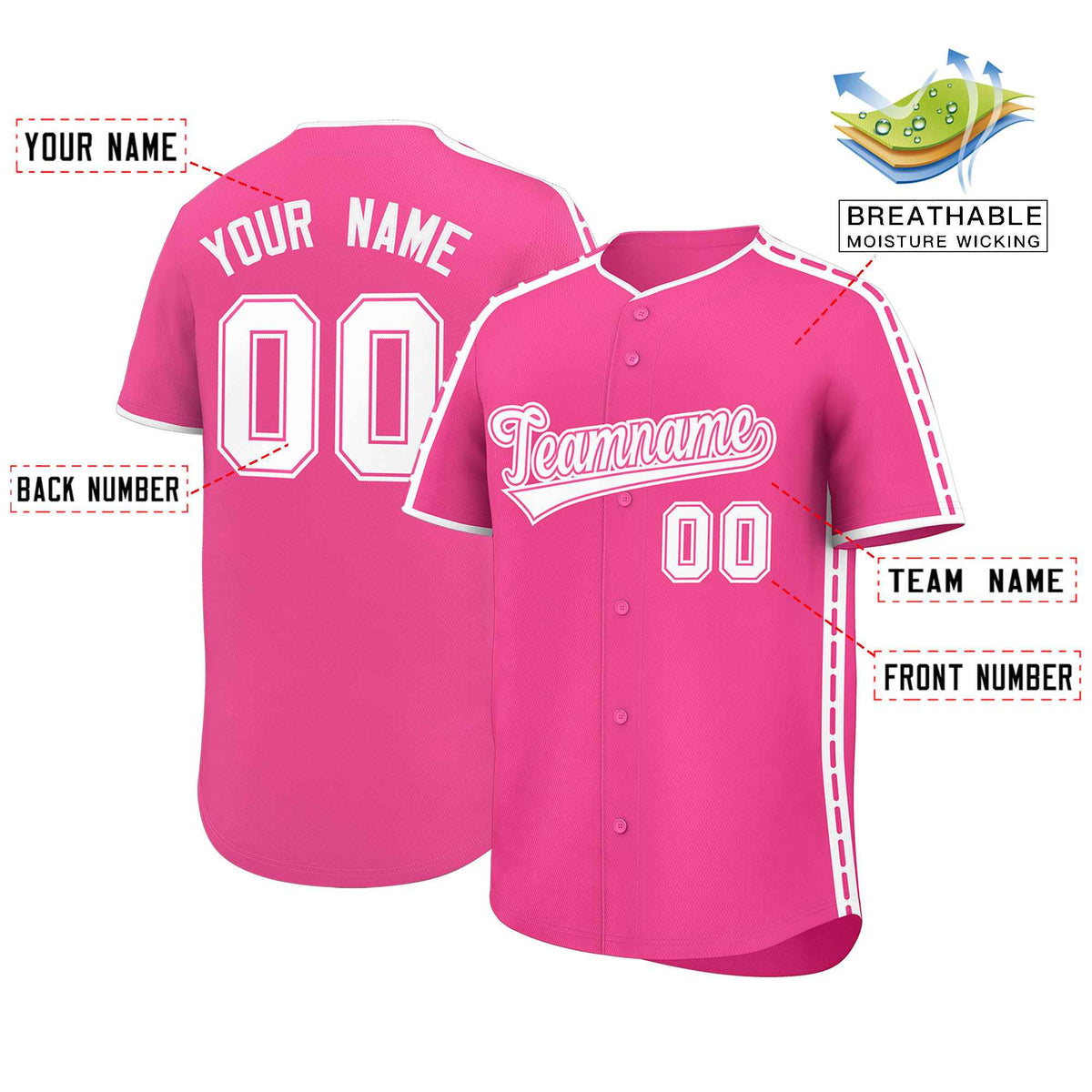 Custom Pink White Color Block Personalized Side Dotted Line Authentic Baseball Jersey Limited