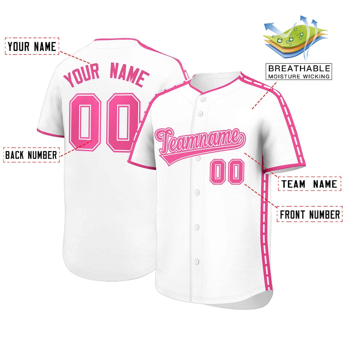 Custom White Pink Color Block Personalized Side Dotted Line Authentic Baseball Jersey Limited