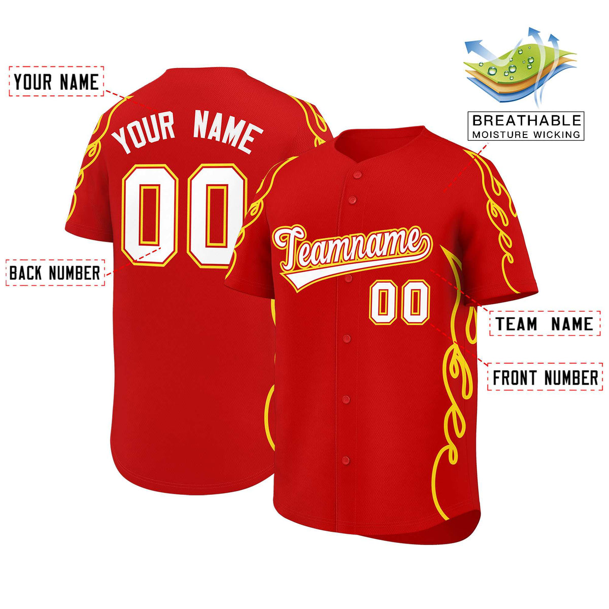 Custom Red Gold Side Flame Outline Pattern Sports Uniform Basetball Jersey Limited