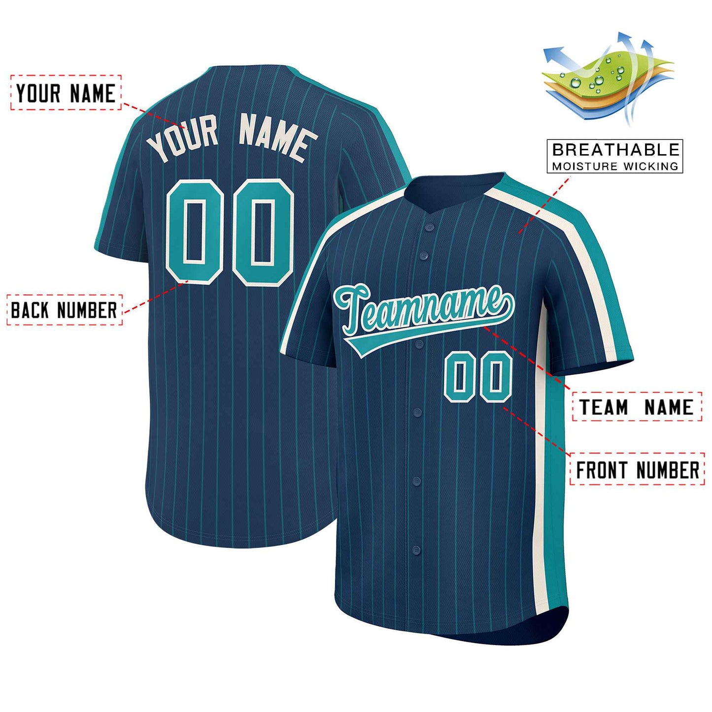 Custom Midnight Blue Aqua Pinstripe Personalized Side Two-tone Authentic Baseball Jersey Limited