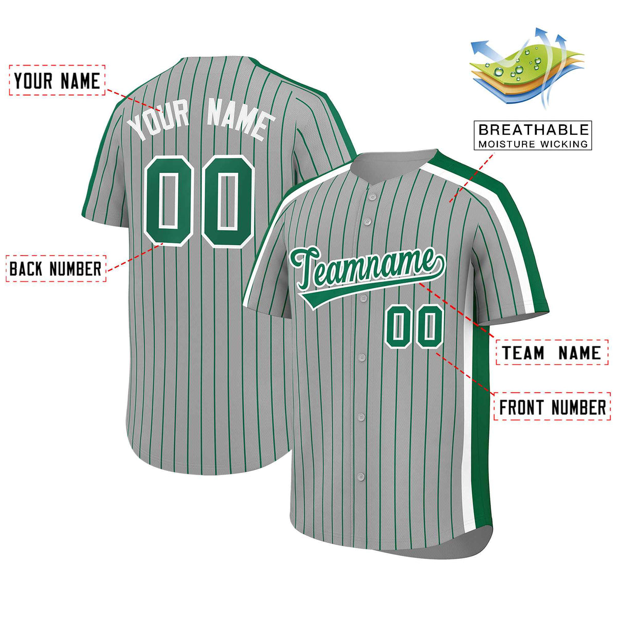 Custom Gray Kelly Green Pinstripe Personalized Side Two-tone Authentic Baseball Jersey Limited
