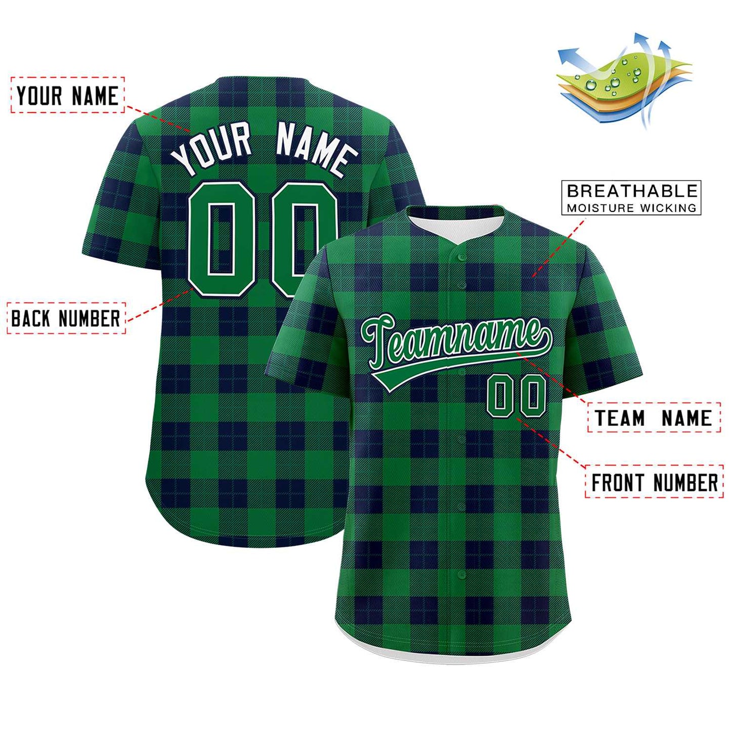 Custom Green Navy Personalized Plaid Design Authentic Baseball Jersey Limited