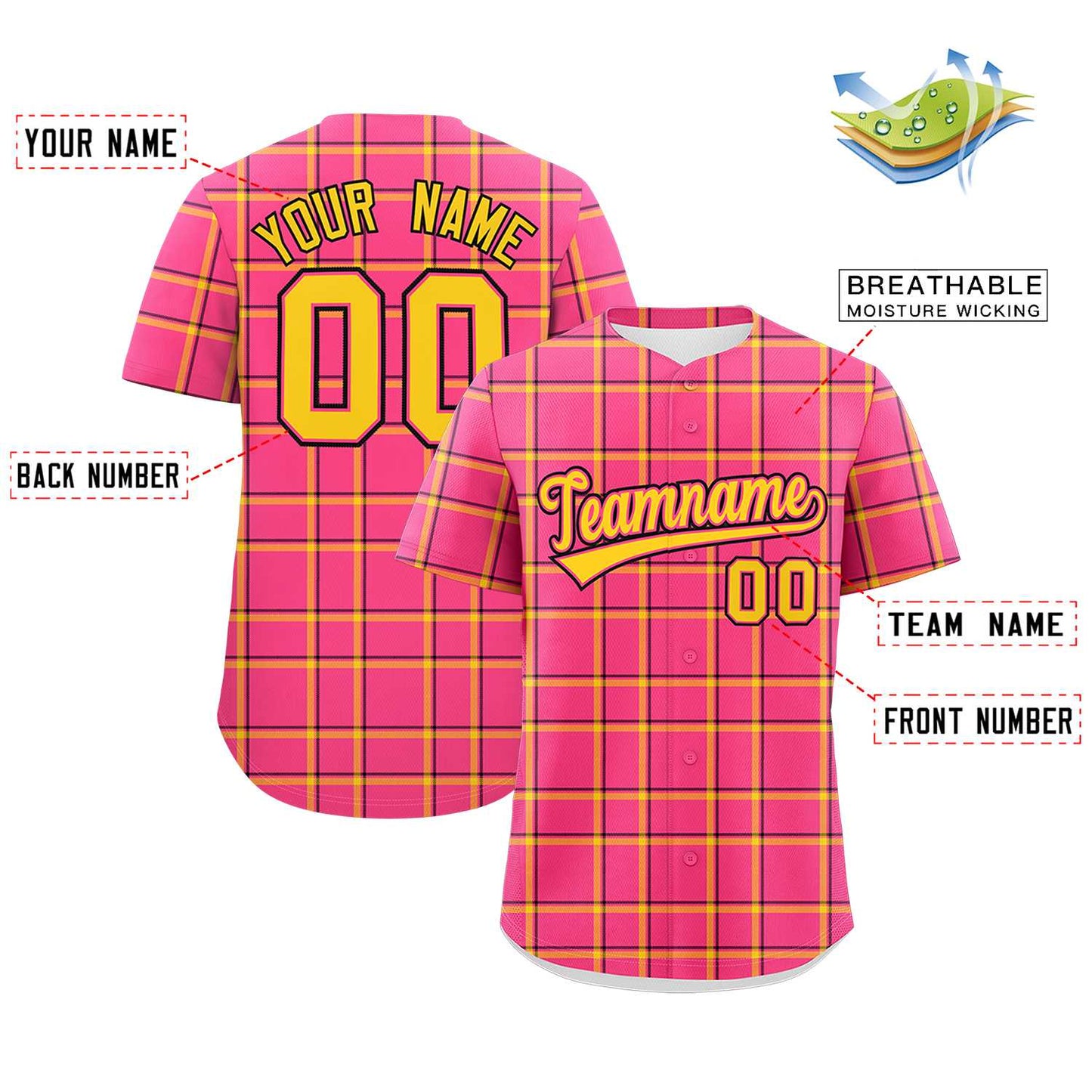 Custom Pink Personalized Plaid Design Authentic Baseball Jersey Limited