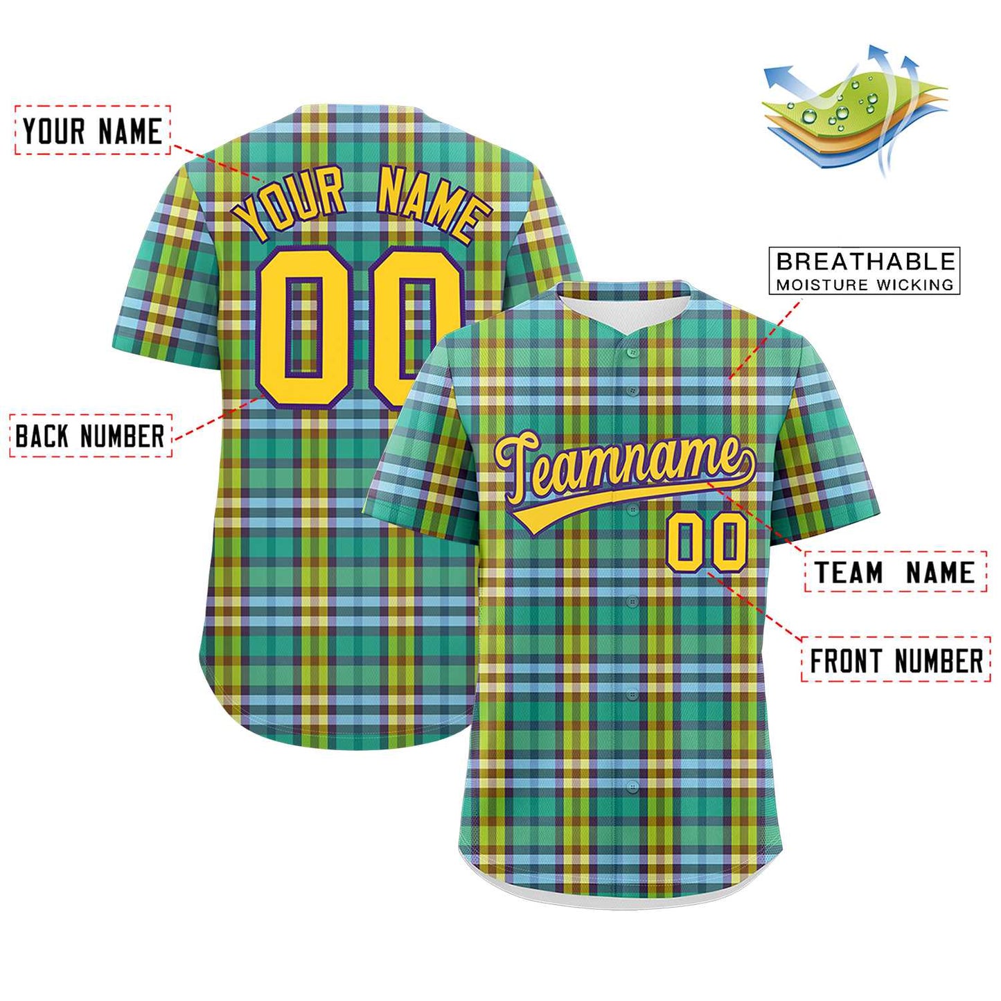 Custom Multi Color Personalized Plaid Design Authentic Baseball Jersey Limited