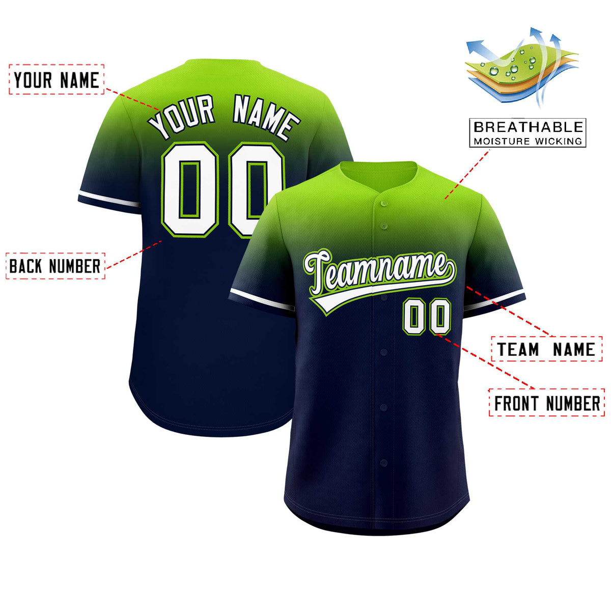 Custom Navy Neon Green Gradient Fashion Design Authentic Baseball Jersey Limited