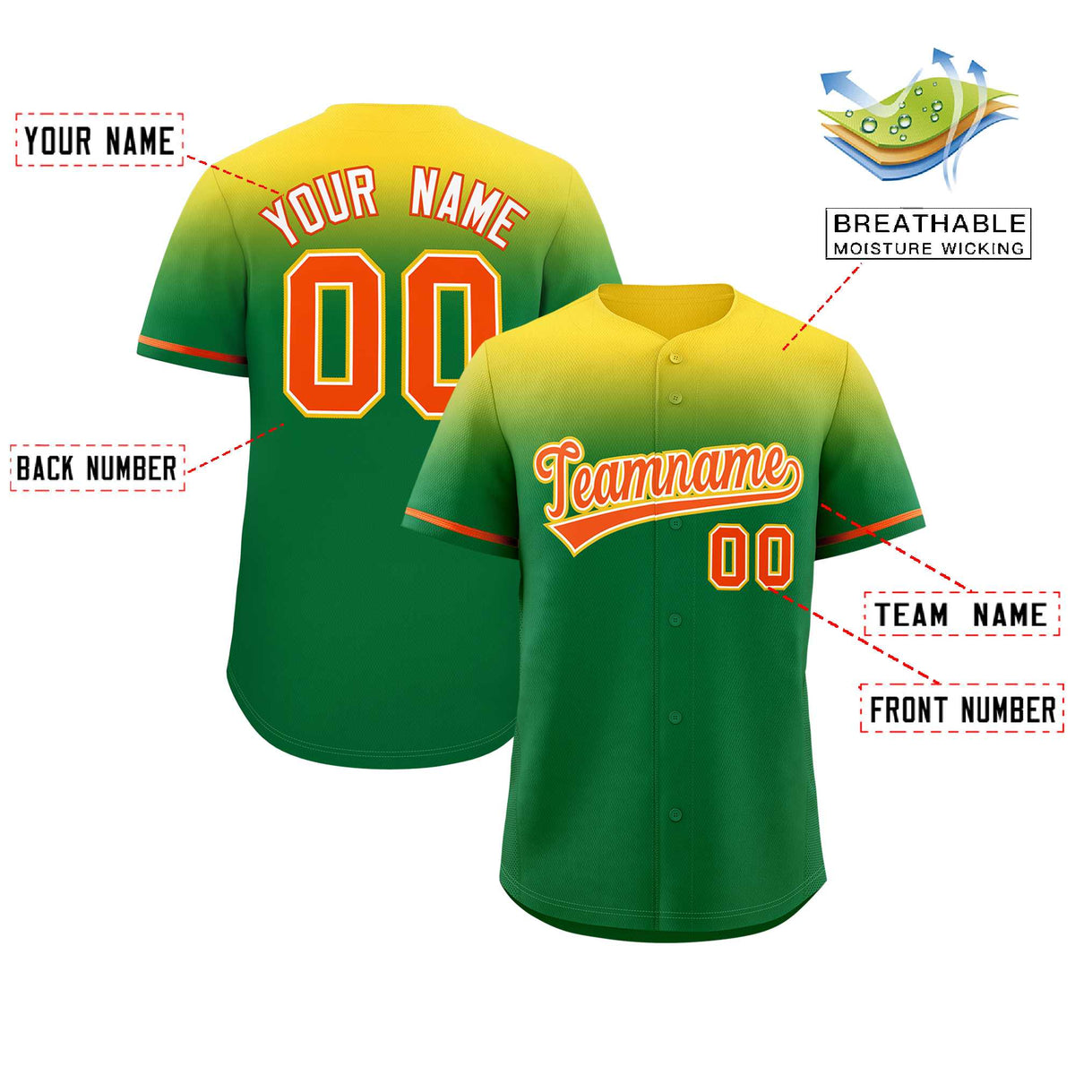 Custom Kelly Green Yellow Gradient Fashion Design Authentic Baseball Jersey Limited