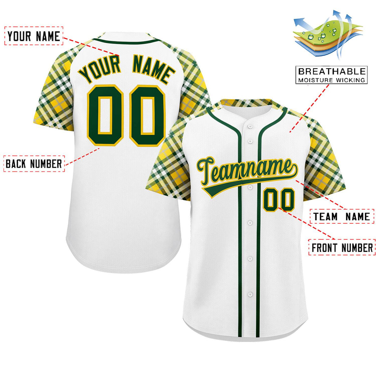 Custom White Green-Gold Personalized Raglan Sleeves Authentic Baseball Jersey Limited