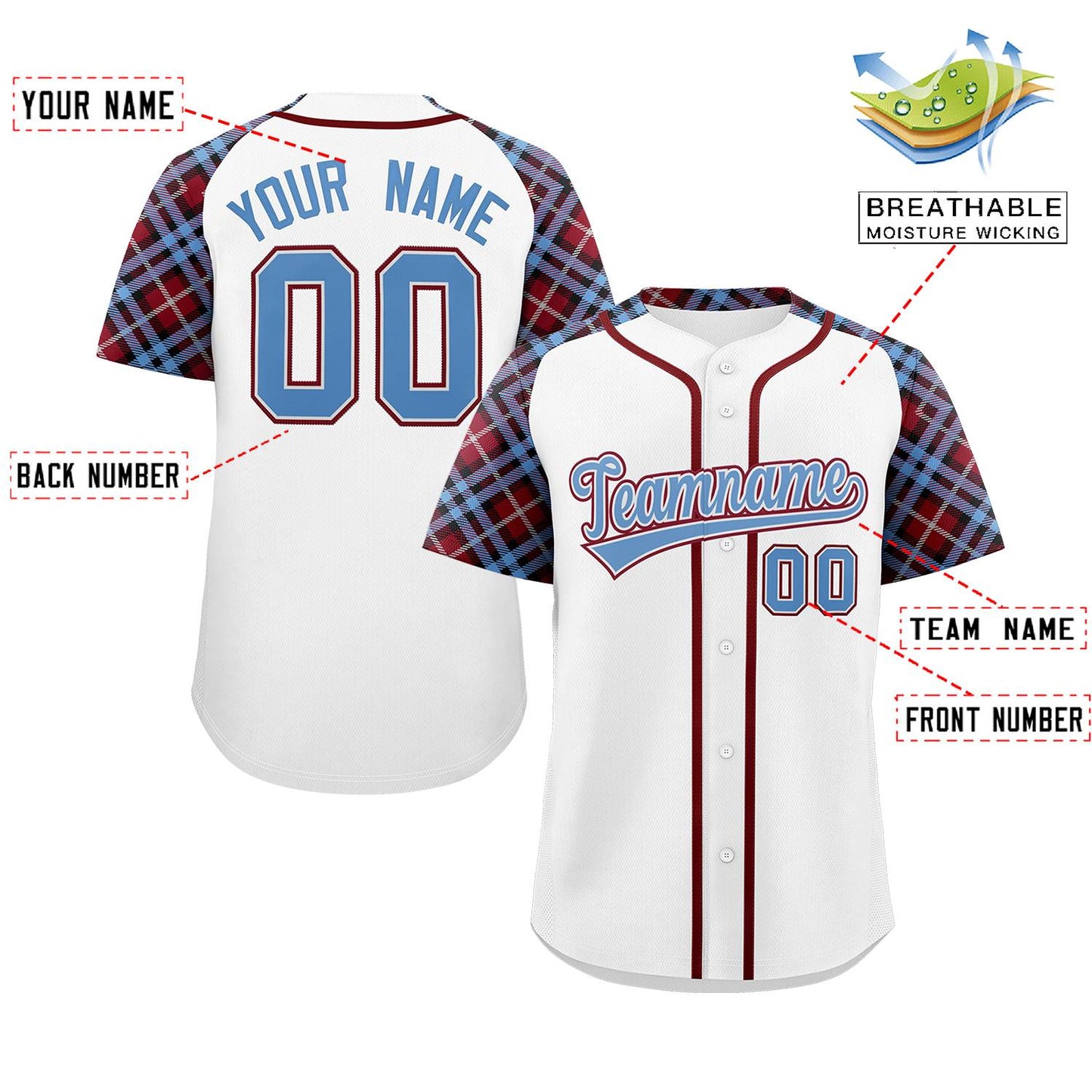 Custom White Light Blue-Crimson Personalized Raglan Sleeves Authentic Baseball Jersey Limited