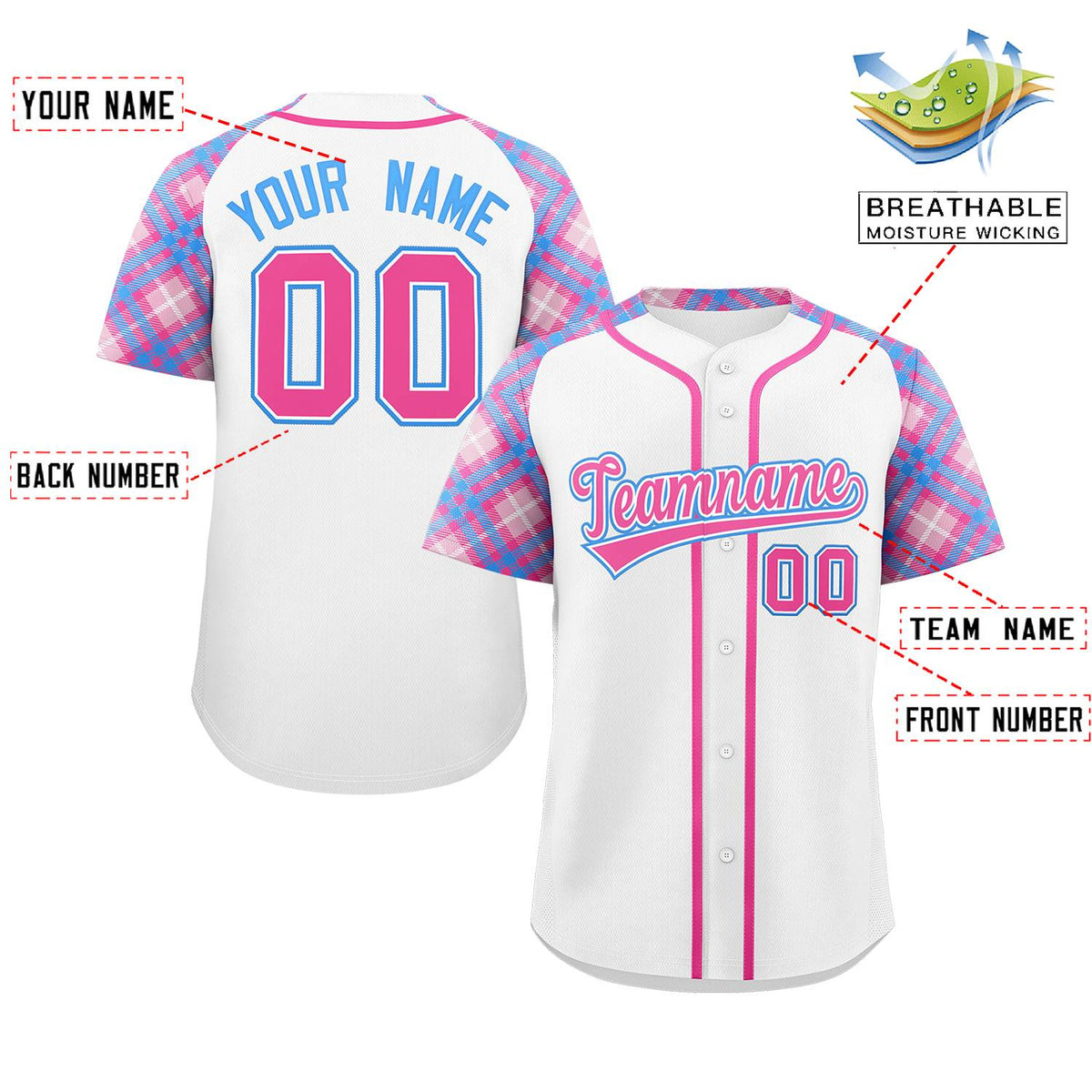 Custom White Pink-Powder Blue Personalized Raglan Sleeves Authentic Baseball Jersey Limited