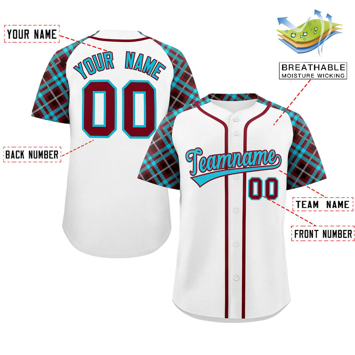 Custom White Sky Blue-Crimson Personalized Raglan Sleeves Authentic Baseball Jersey Limited