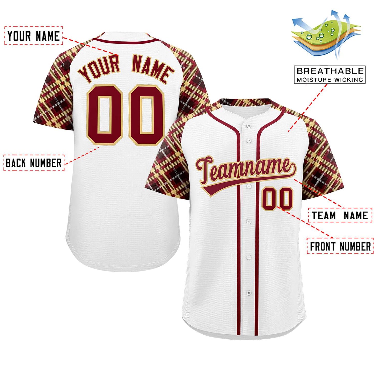Custom White Crimson-Khaki Personalized Raglan Sleeves Authentic Baseball Jersey Limited