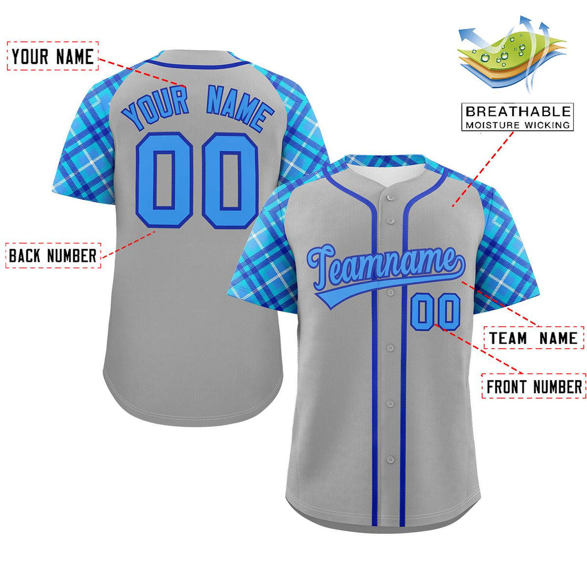 Custom Gray Powder Blue-Royal Personalized Raglan Sleeves Authentic Baseball Jersey Limited