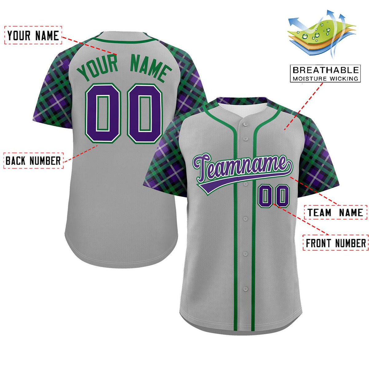 Custom Gray Purple-Kelly Green Personalized Raglan Sleeves Authentic Baseball Jersey Limited