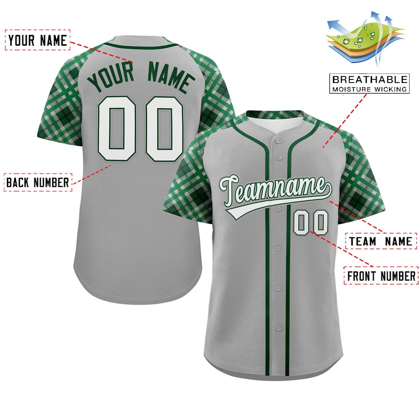 Custom Gray White-Kelly Green Personalized Raglan Sleeves Authentic Baseball Jersey Limited