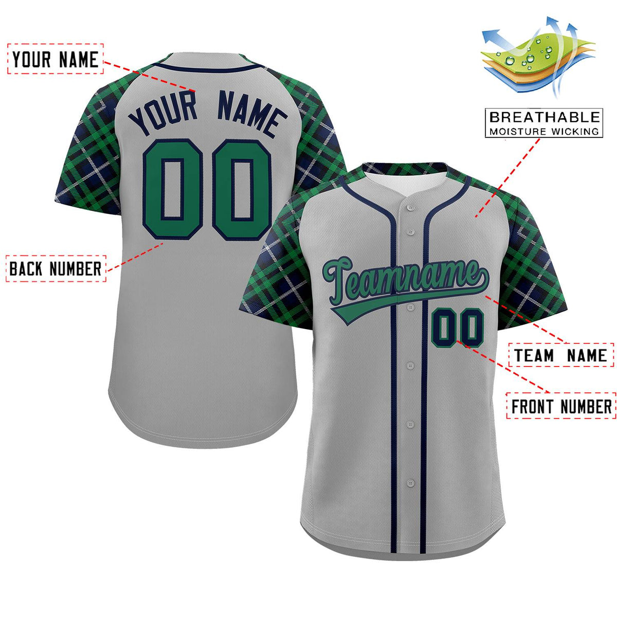 Custom Gray Kelly Green-Navy Personalized Raglan Sleeves Authentic Baseball Jersey Limited