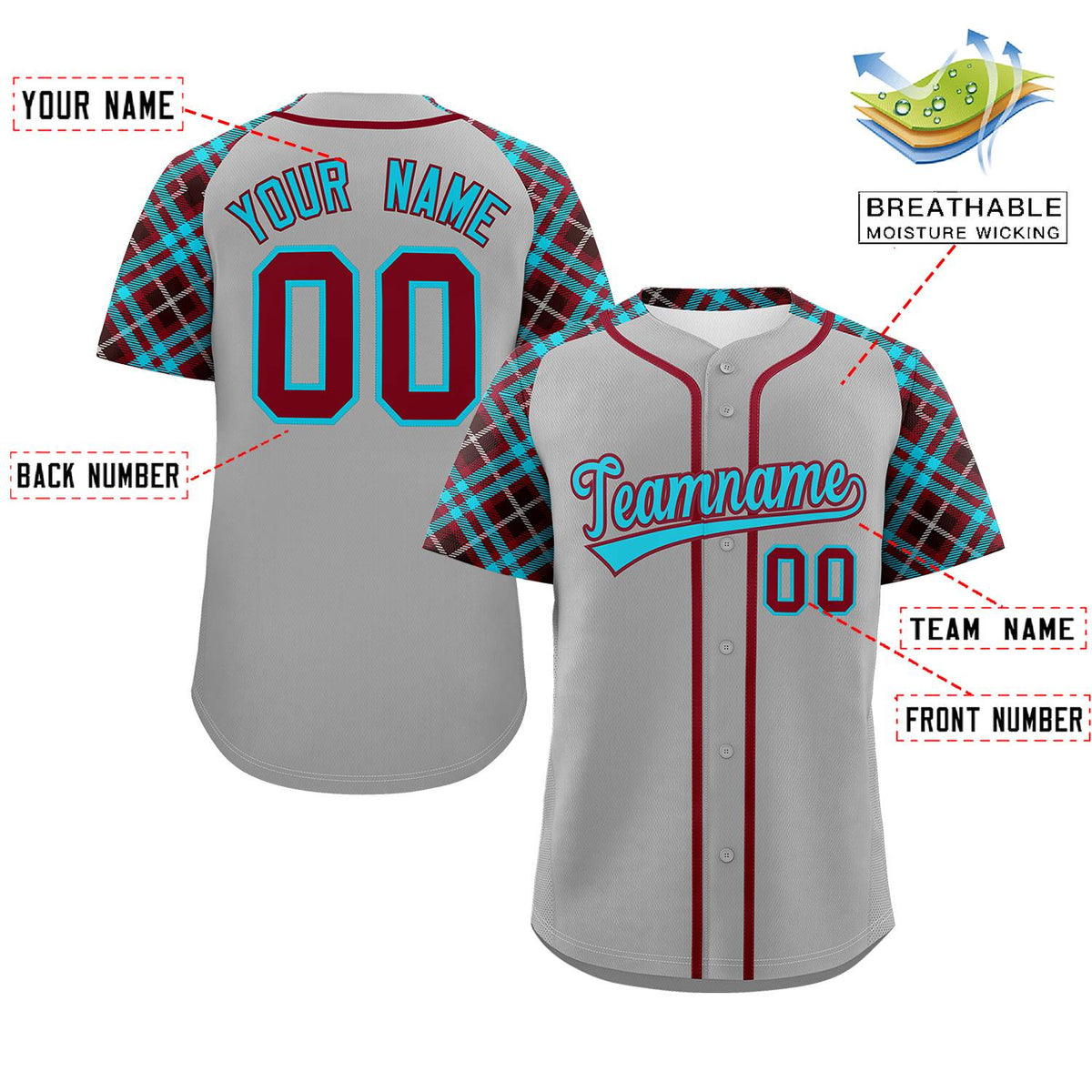 Custom Gray Sky Blue-Crimson Personalized Raglan Sleeves Authentic Baseball Jersey Limited