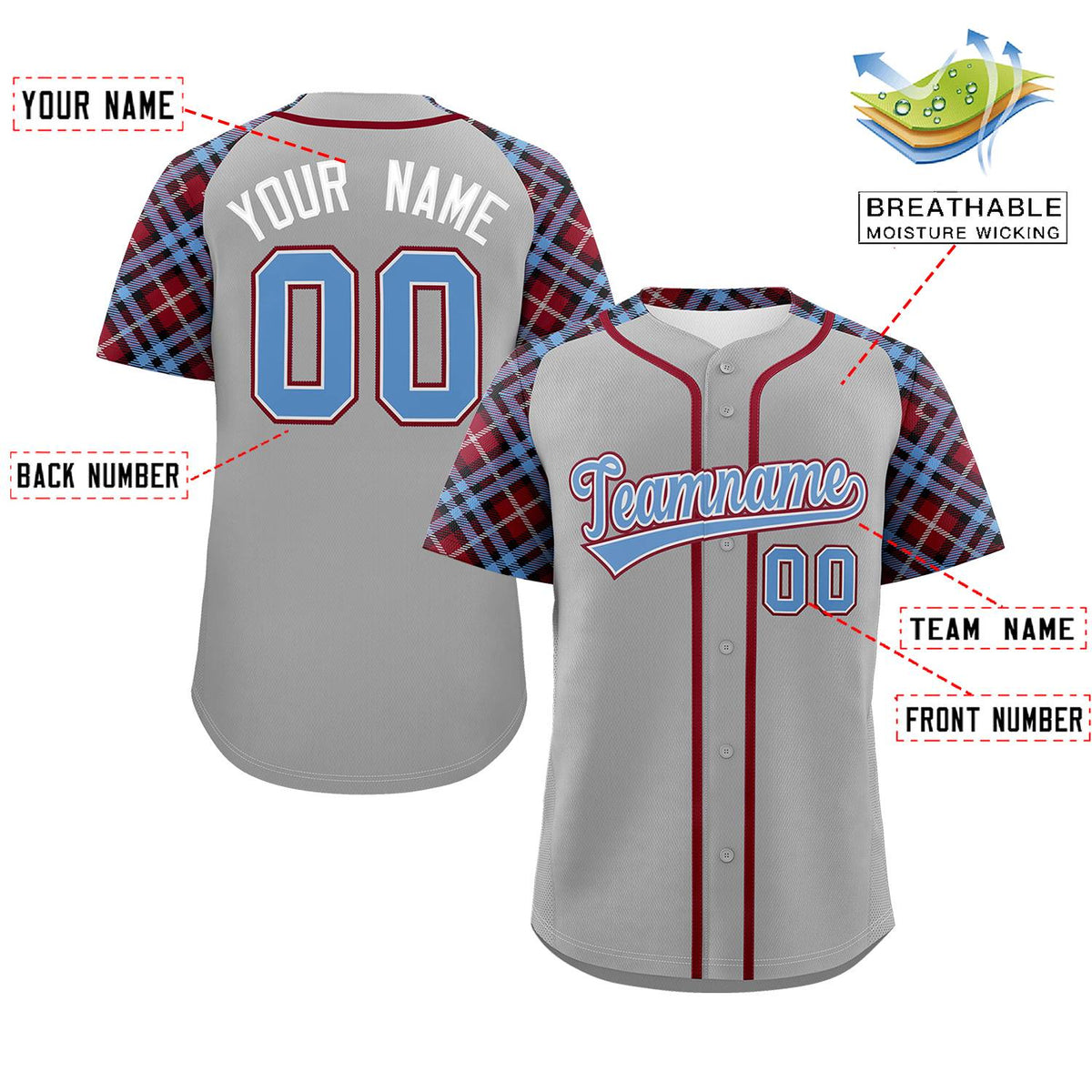 Custom Gray Light Blue-Crimson Personalized Raglan Sleeves Authentic Baseball Jersey Limited