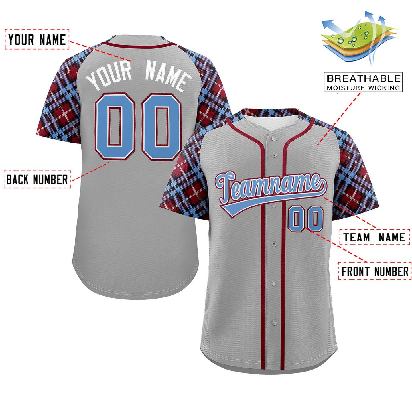 Custom Gray Light Blue-Crimson Personalized Raglan Sleeves Authentic Baseball Jersey Limited